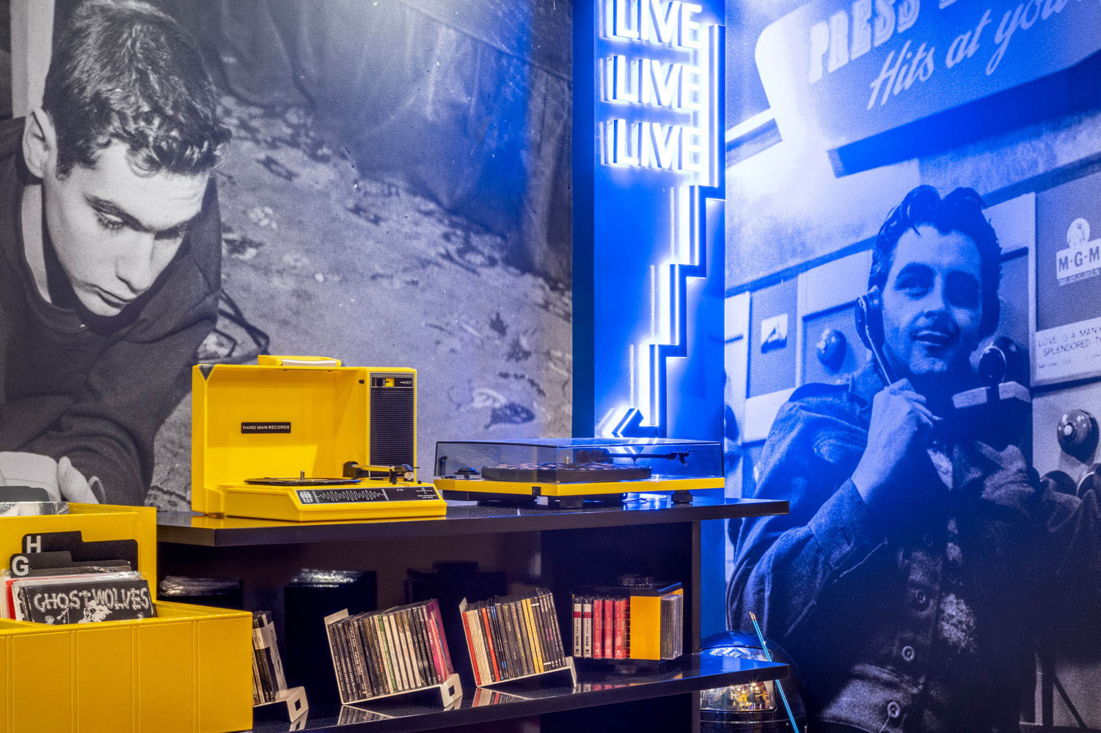 Vinyl record player and musician photography at Third Man Records London, interior design by BusbyWebb