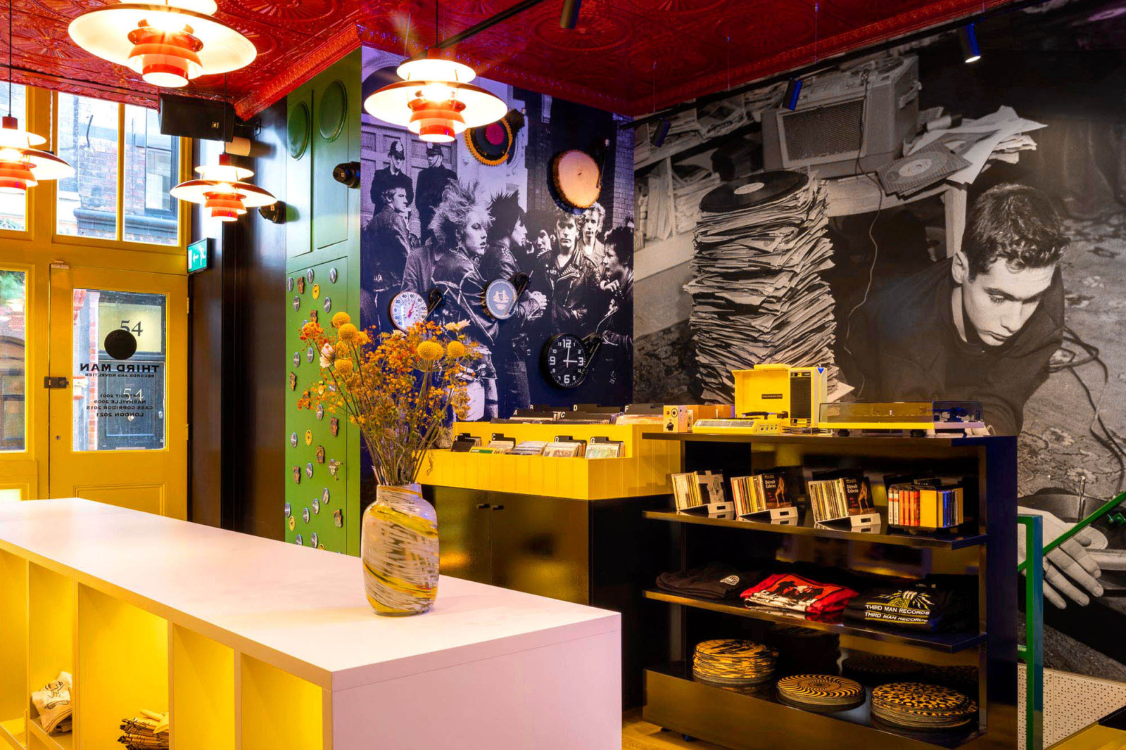 Vinyl record displays and bespoke retail shelving at Third Man Records London, interior design by BusbyWebb